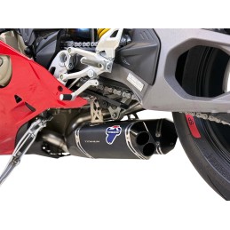 D23509400INA, silencieux Termignoni Black Edition sur Ducati Panigale V4 2025, détail silencieux gauche D23509400INA, silencieux Termignoni Black Edition sur Ducati Panigale V4 2025, détail silencieux gauche