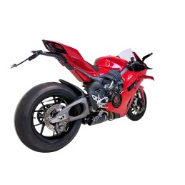 D23509400INA, silencieux Termignoni Black Edition sur Ducati Panigale V4 2025, vue moto 3/4 arrière D23509400INA, silencieux Termignoni Black Edition sur Ducati Panigale V4 2025, vue moto 3/4 arrière