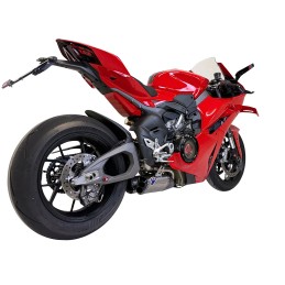 D23509400ITA, silencieux Termignoni Titane sur Ducati Panigale V4 2025, vue moto 3/4 arrière D23509400ITA, silencieux Termignoni Titane sur Ducati Panigale V4 2025, vue moto 3/4 arrière