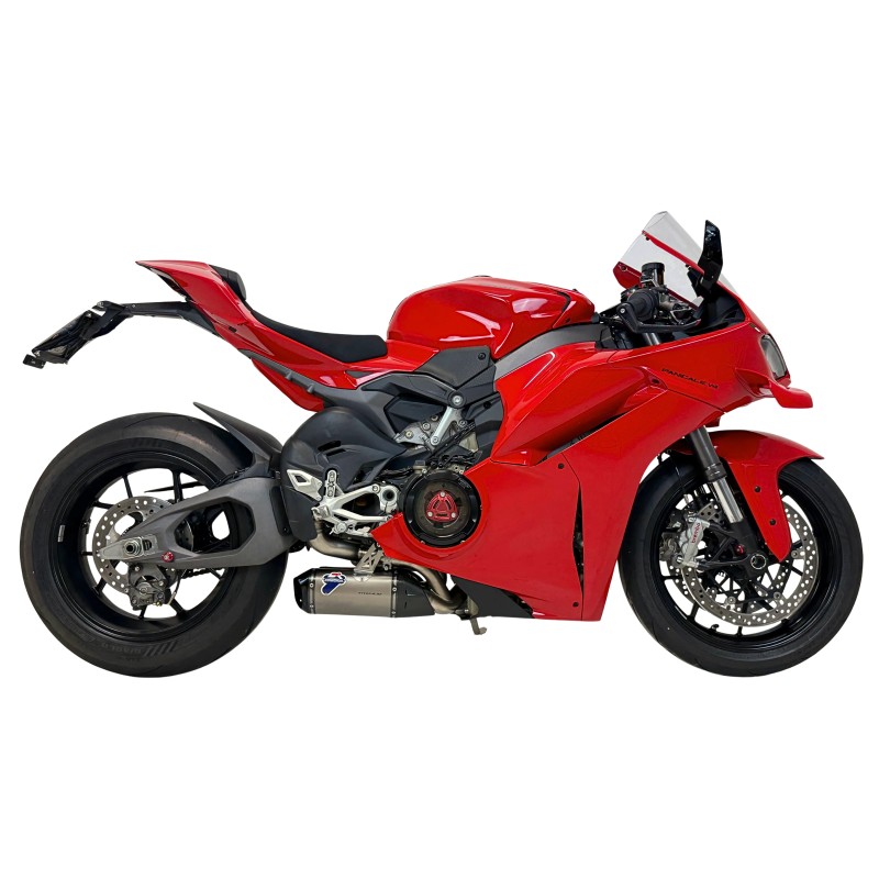 D23509400ITA, silencieux Termignoni Titane sur Ducati Panigale V4 2025, vue moto coté droit D23509400ITA, silencieux Termignoni Titane sur Ducati Panigale V4 2025, vue moto coté droit