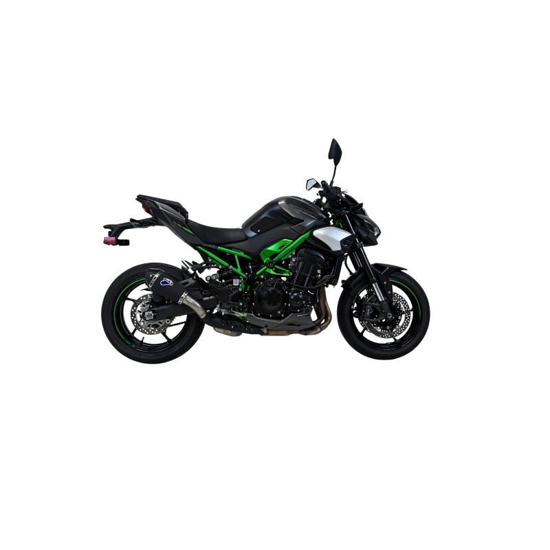 Silencieux Termignoni racing INOX NOIR - CARBONE pour Kawasaki Z 900 2024-2025, vue moto côté droit Silencieux Termignoni racing INOX NOIR - CARBONE pour Kawasaki Z 900 2024-2025, vue moto côté droit