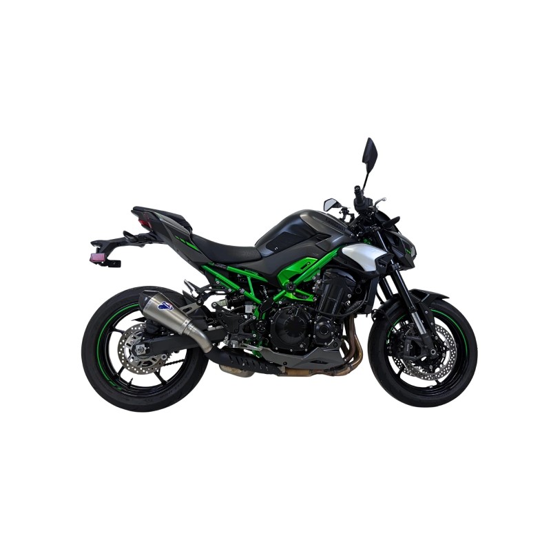 Silencieux Termignoni racing INOX - CARBONE  pour Kawasaki Z 900 2024-2025, vue moto côté Silencieux Termignoni racing INOX - CARBONE  pour Kawasaki Z 900 2024-2025, vue moto côté