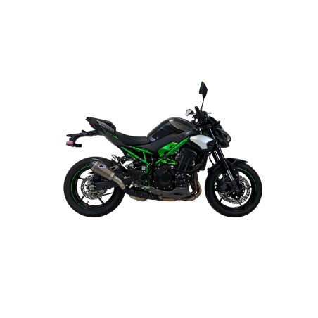 Silencieux Termignoni racing TITANE - CARBONE  pour Kawasaki Z 900 2024-2025, vue moto côté Silencieux Termignoni racing TITANE - CARBONE  pour Kawasaki Z 900 2024-2025, vue moto côté